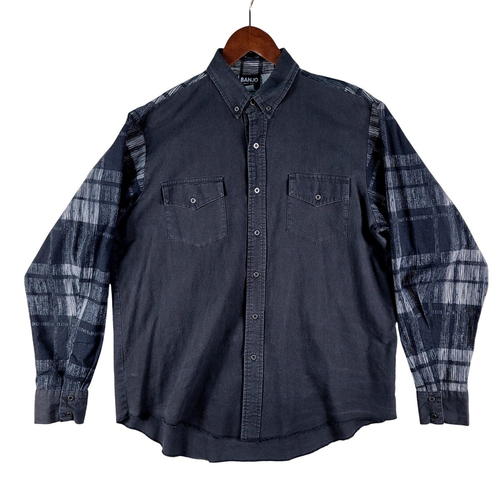 Vintage Banjo Button Down Shirt Men's XL Black Plaid Western Cotton L/S MADE USA
